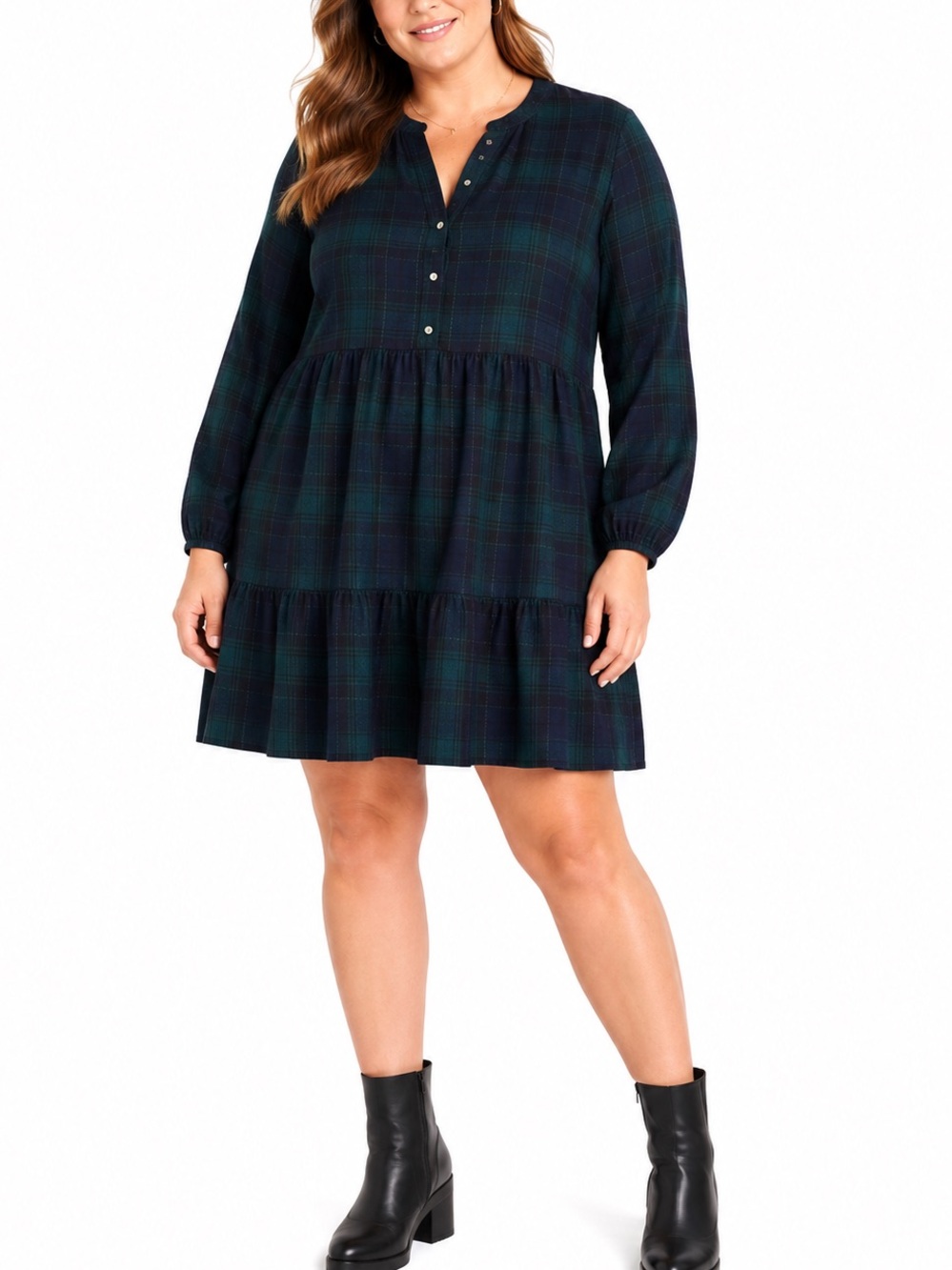 LOFT XL Plaid Mini Dress Green Navy Metallic Thread Long Sleeve Boho Chic